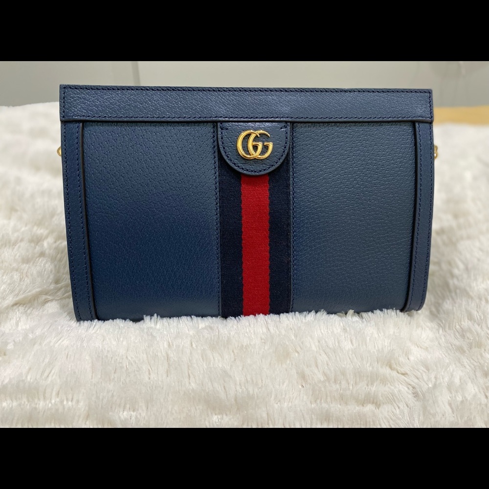 Calfskin GG Web Small Ophidia Chain Shoulder Bag Blue